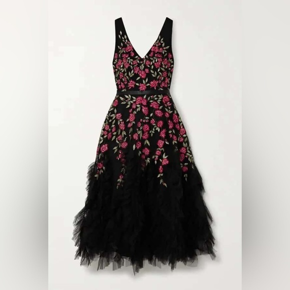 Marchesa Notte Ruffled Rmbellished Floral Embroidered Tulle Midi Dress Size 14 - Picture 4 of 16